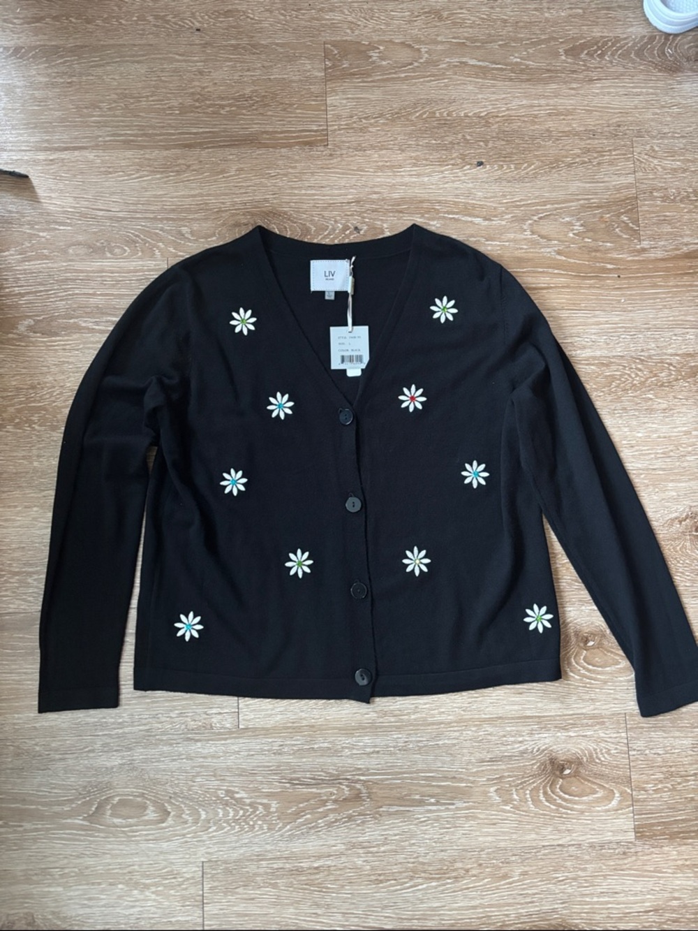 New! LIV Milano black & white jewel daisy/flower cardigan sweater, Large
